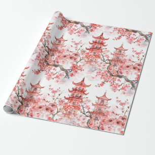 Papier Cadeau Aquarelle Pagode chinoise avec fleurs de cerisiers
