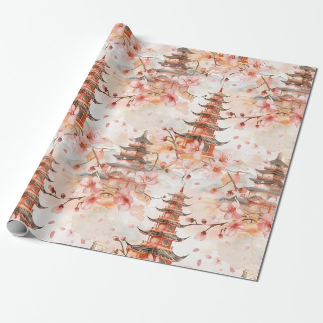 Papier Cadeau Aquarelle Pagode chinoise avec fleurs de cerisiers (Déroulé)