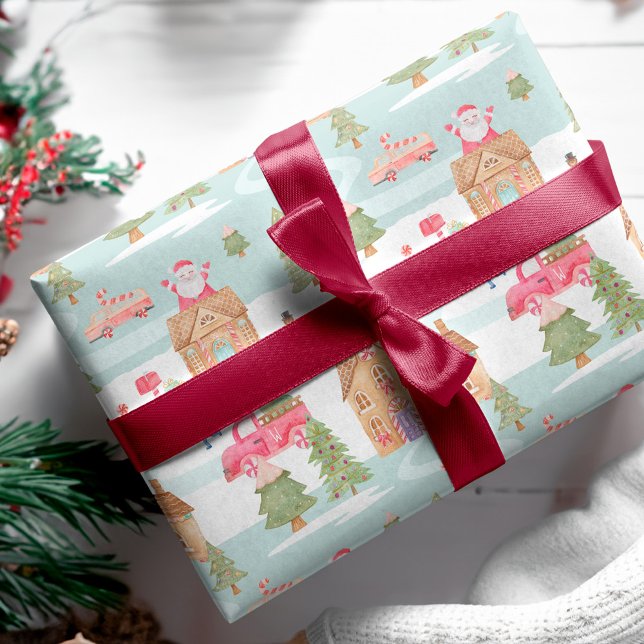 Papier Cadeau Aquarelle pain d'épices Candy Town Winter Scene (Watercolor Gingerbread Candy Town Winter Scene Wrapping Paper)