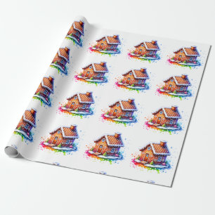 Papier Cadeau Aquarelle pain d'épices Maison Enveloppement de No