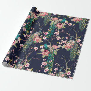 Papier Cadeau aquarelle paon motif sur une cerise d'arbre, fleur