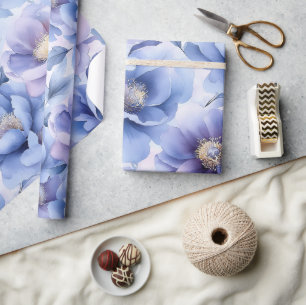 Papier Cadeau Aquarelle Pastel bleu et violet pivoine florale