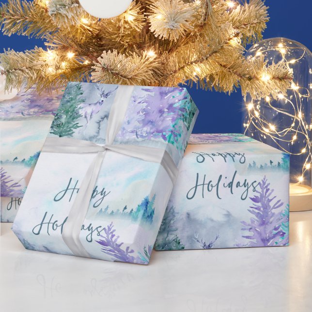 Papier Cadeau Aquarelle Paysage hivernal Joyeuses vacances (Vacances)