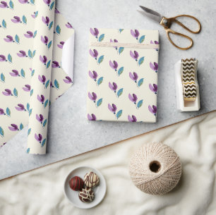 Papier Cadeau Aquarelle peinte à la main Fleurs violettes vertes