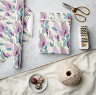 Papier Cadeau Aquarelle peinte à la main Fleurs violettes vertes