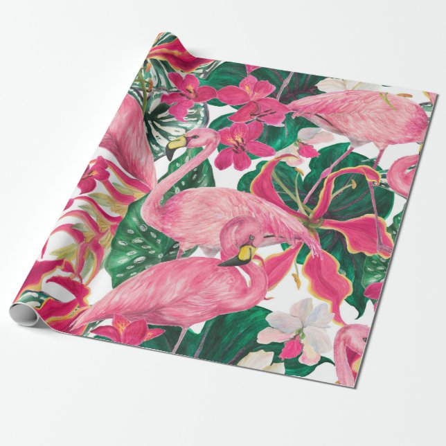 Papier Cadeau Aquarelle peinture sans couture motif avec flamant (Déroulé)