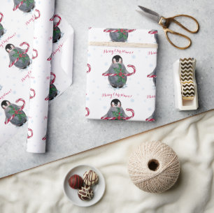 Papier Cadeau Aquarelle Penguin Joyeux Noël