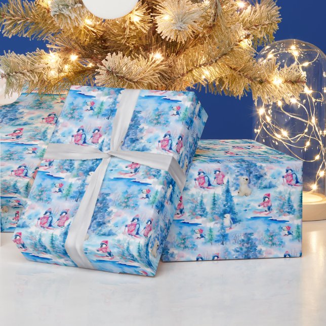 Papier Cadeau Aquarelle Penguins de Noël & Ours Polaires (Vacances)