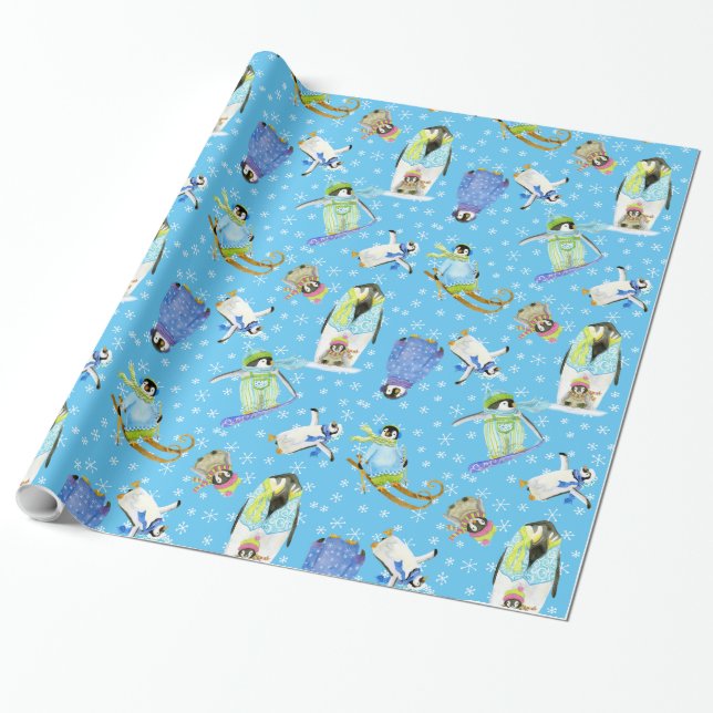 Papier Cadeau Aquarelle Penguins d'hiver avec Snowflakes Snowboa (Déroulé)