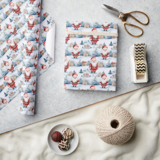 Papier Cadeau Aquarelle Père Noël avec cadeaux de Noël (Artisanat)
