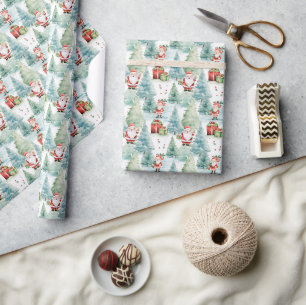 Papier Cadeau Aquarelle Père Noël avec cadeaux de Noël