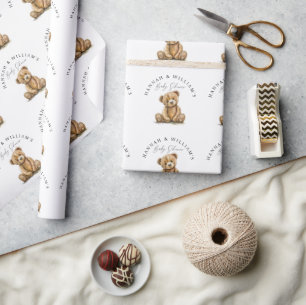 Papier Cadeau Aquarelle personnalisée Baby shower d'ours en pelu