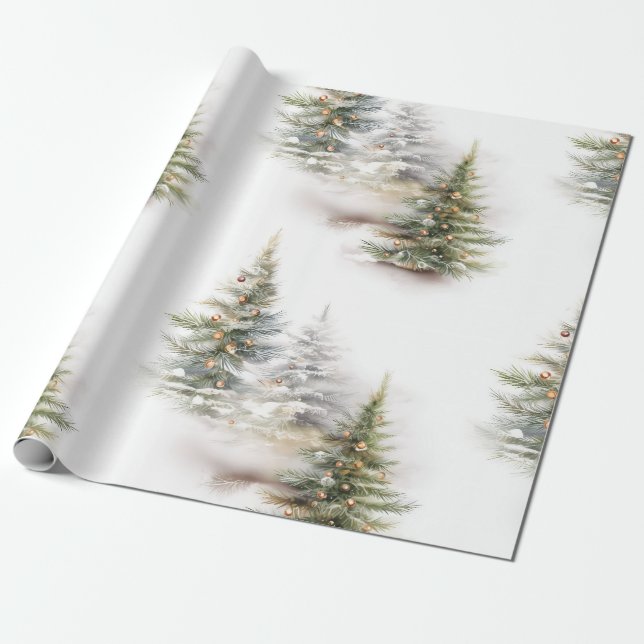 Papier Cadeau Aquarelle Pine Arbre Sage Vert Noël (Déroulé)