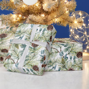 Papier Cadeau Aquarelle Pine et Pine Cônes Motif Noël