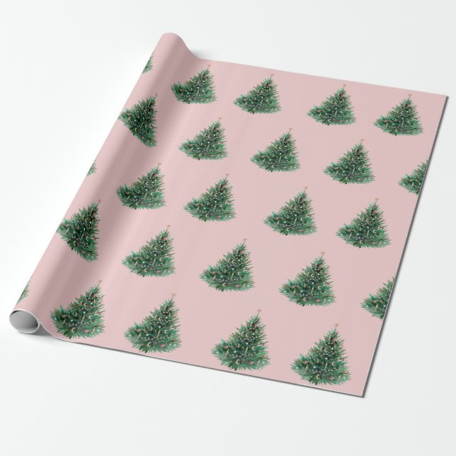 Papier Cadeau Aquarelle Pine Tree Rose Noël (Déroulé)