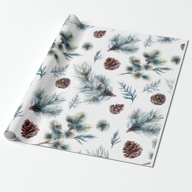 Papier Cadeau Aquarelle Pinecone Sprigs Noël (Déroulé)