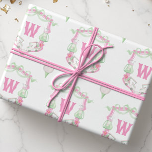 Papier Cadeau Aquarelle Pink & Green Golf Panier Monogram Crest