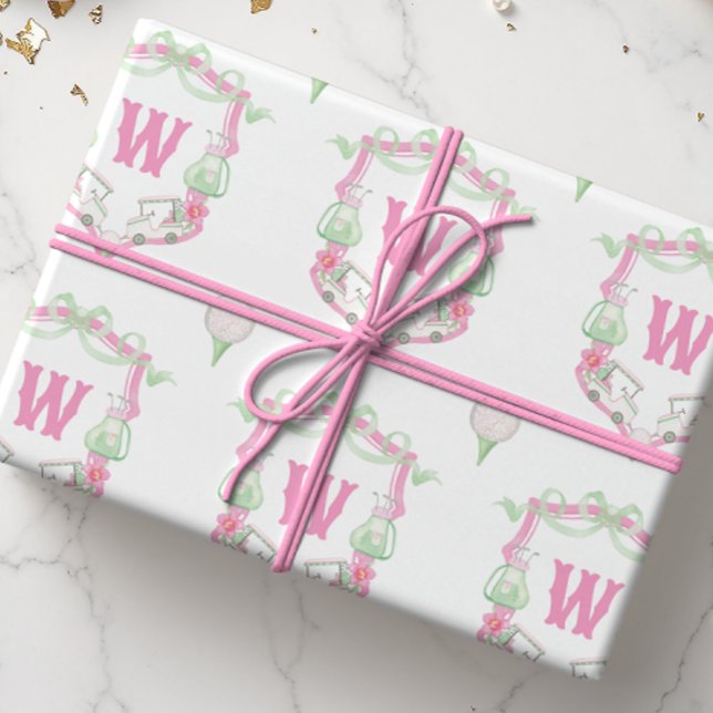 Papier Cadeau Aquarelle Pink & Green Golf Panier Monogram Crest (Créateur téléchargé)