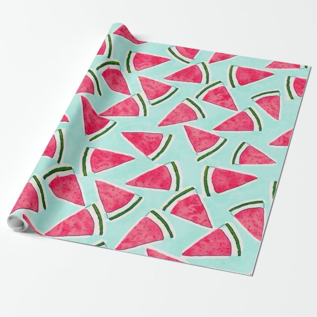 Papier Cadeau Aquarelle Pink Green Watermelon Triangles (Déroulé)