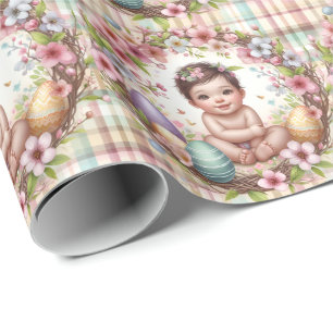 Papier Cadeau Aquarelle Plaid Floral Baby First Pâques