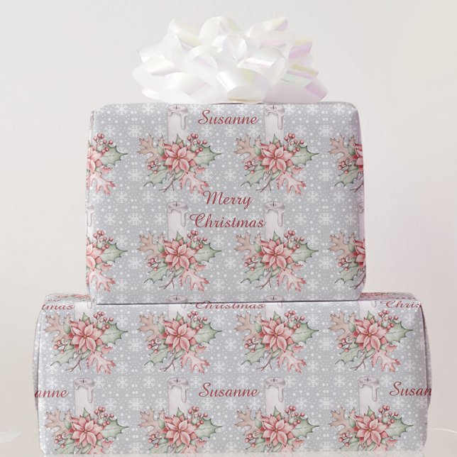 Papier Cadeau Aquarelle Poinsettia & Bougie Ajouter le nom Noël (Créateur téléchargé)