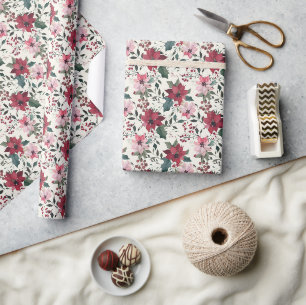 Papier Cadeau Aquarelle Poinsettia et Motif de Noël Holly