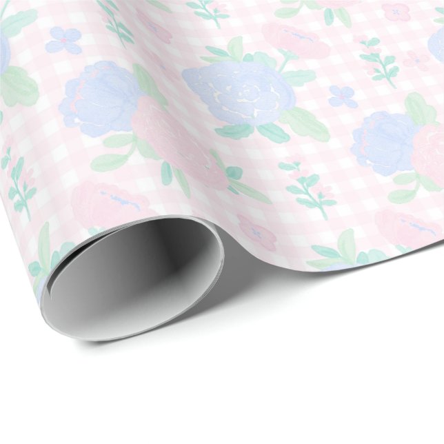 Papier Cadeau Aquarelle Preppy Floral En vichy Anniversaire (Coin rond)