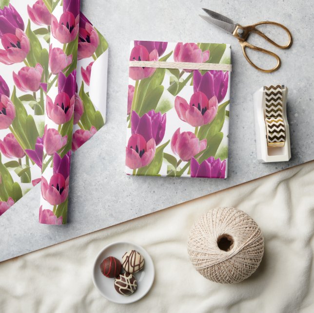 Papier Cadeau Aquarelle printanière violette et rose Tulipe flor (Artisanat)