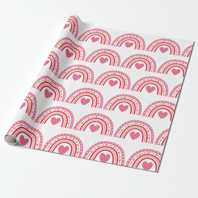 Papier Cadeau Aquarelle Rainbow Hearts rose (Déroulé)