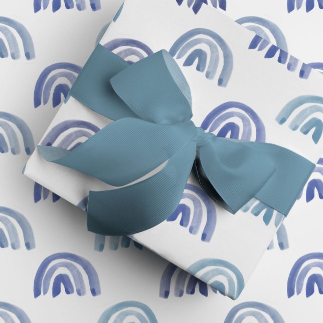 Papier Cadeau Aquarelle Rainbow Rows en bleu (Blue watercolor rainbows gift wrapping paper.)