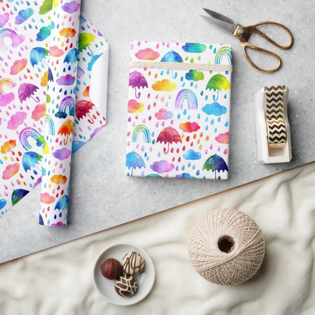 Papier Cadeau Aquarelle Rainbow Umbrellas Rainy Day Girls (Artisanat)