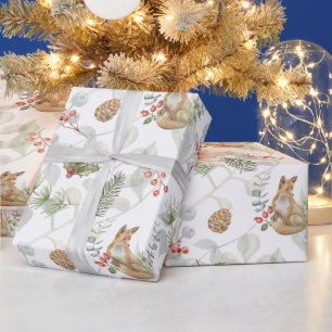 Papier Cadeau Aquarelle Renard de Noël, Branches de pins, Baies