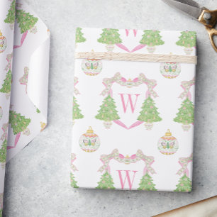 Papier Cadeau Aquarelle rose Arbre de Noël Monogramme Crest