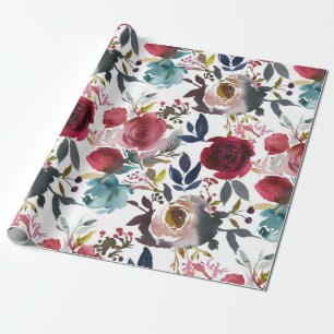 Papier Cadeau Aquarelle rose Bourgogne Vin Fleurs florales