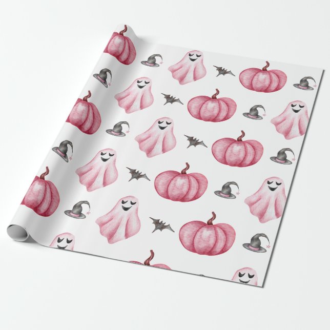 Papier Cadeau Aquarelle rose Citrouille Ghost Witch Casquette Ha (Déroulé)