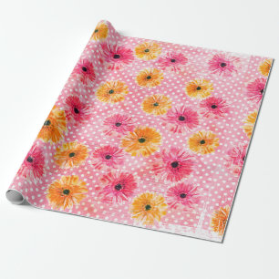 Papier Cadeau Aquarelle rose et jaune gerbera fleurs motif