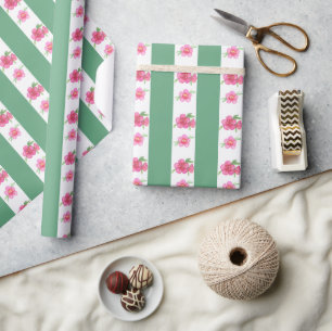 Papier Cadeau Aquarelle rose et vert Fleurs et rayures