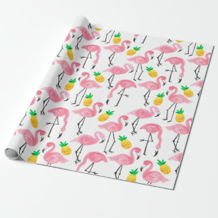 Papier Cadeau Aquarelle rose flamant rose et ananas jaune