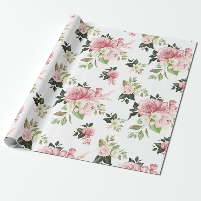 Papier Cadeau Aquarelle rose floral (Déroulé)