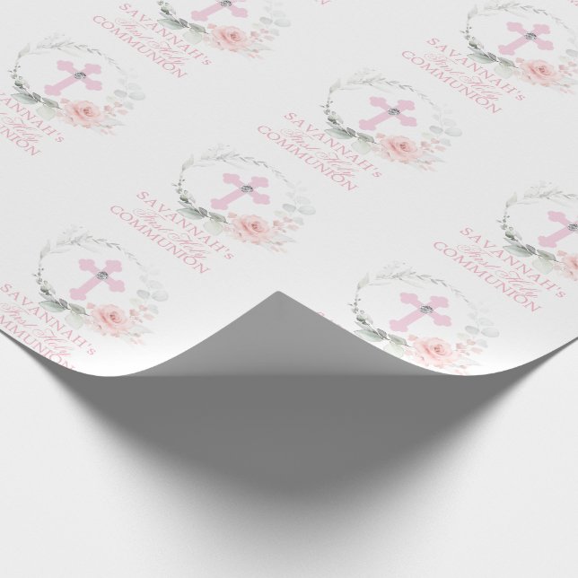 Papier Cadeau Aquarelle rose Floral Girl First Holy Communion W (Coin)