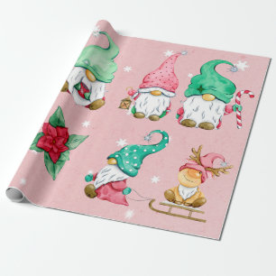 Papier Cadeau Aquarelle rose Gnomes hivernaux neige