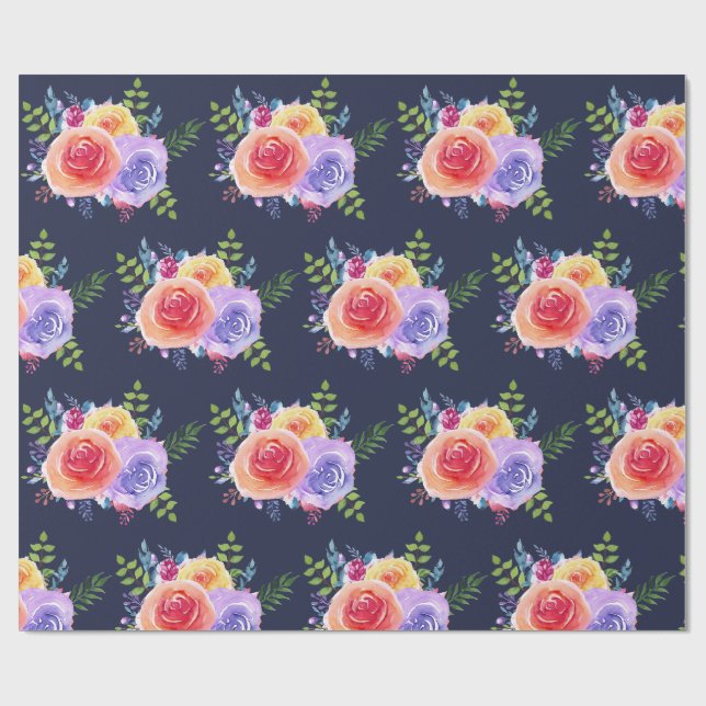 Papier Cadeau Aquarelle Rose motif floral sur bleu marine (Plat)