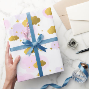 Papier Cadeau Aquarelle rose Nuages Gold Stars Sky