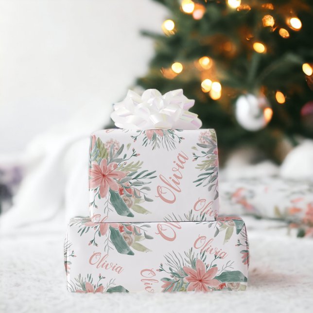 Papier Cadeau Aquarelle rose pâle florale Baby Girl Name script (Floral dusty pink watercolor Baby Girl Name script Wrapping Paper)