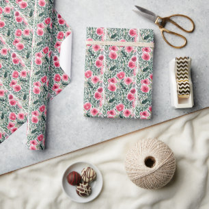 Papier Cadeau Aquarelle rose roses et rayures blanches motif
