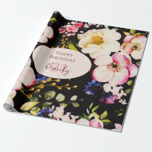 Papier Cadeau Aquarelle Roses rose et jaune sur Noir, Anniversai