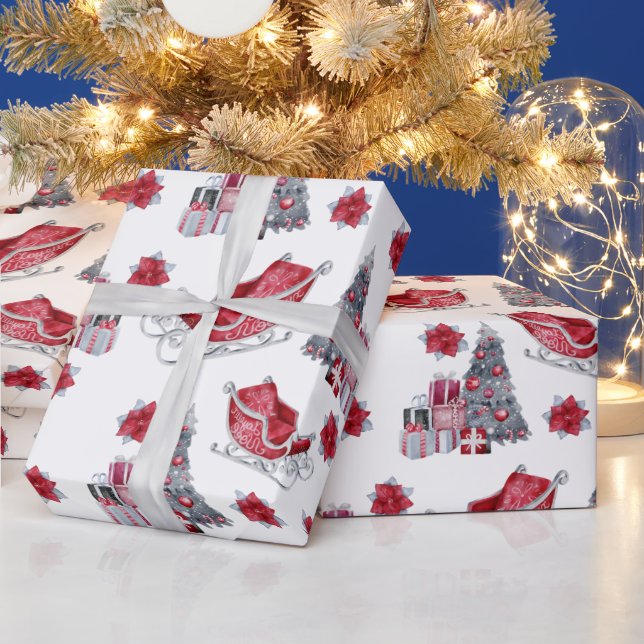 Papier Cadeau Aquarelle Rouge, Arbre de Noël, Emballages (Vacances)