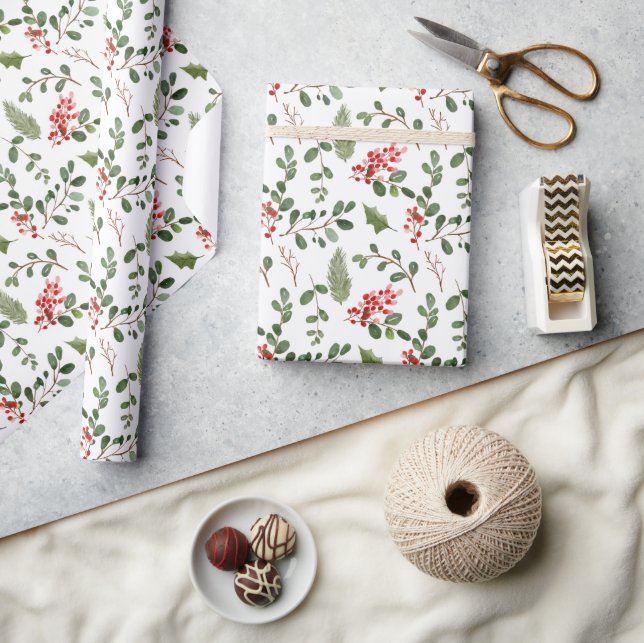 Papier Cadeau Aquarelle Rouge Berry Holly Feuille Motif (Artisanat)