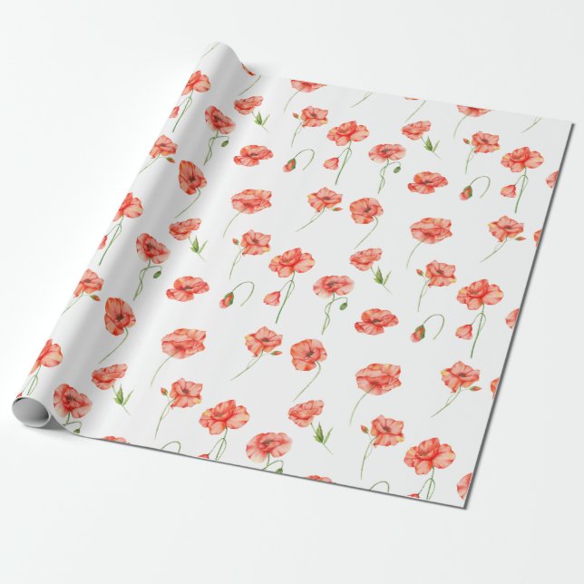 Papier Cadeau Aquarelle Rouge Fleurs de pavot Floral (Déroulé)