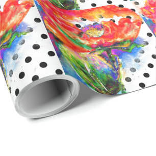 Papier Cadeau Aquarelle rouge floral noir et blanc pois-pois